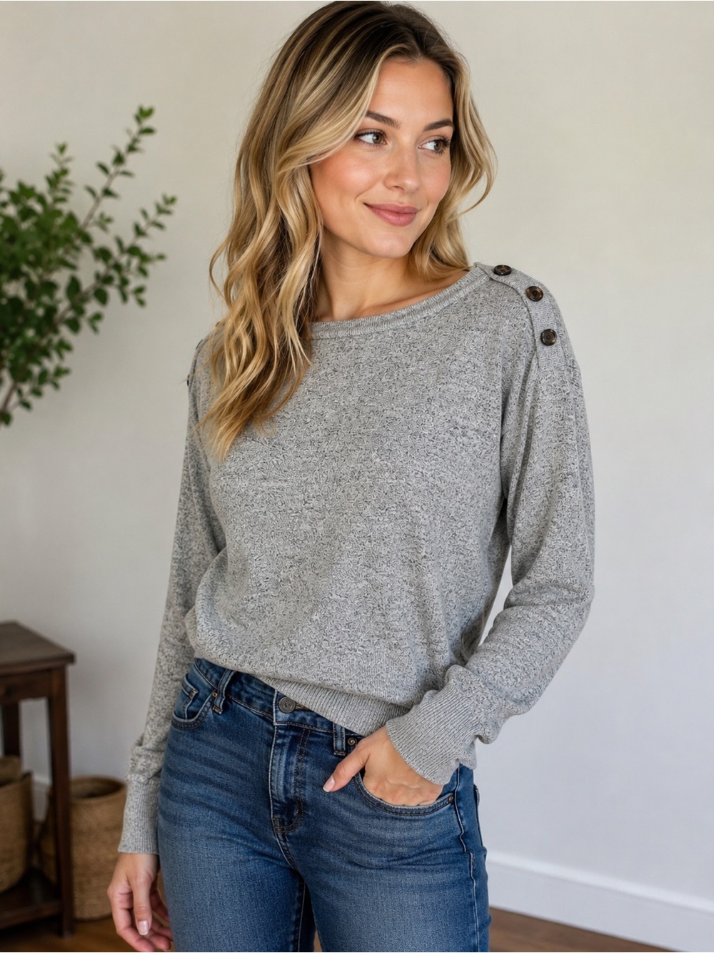 J.Crew Gray Button Shoulder Sweater Size Small Soft Knit Pullover